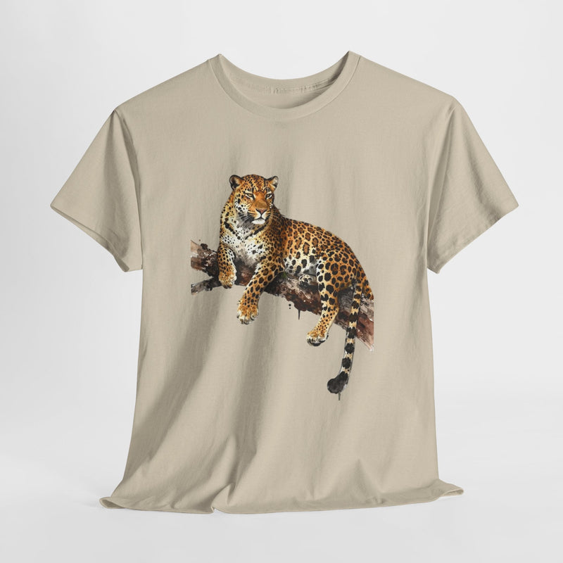 Sand t-shirt with a painted leopard lounging on a branch