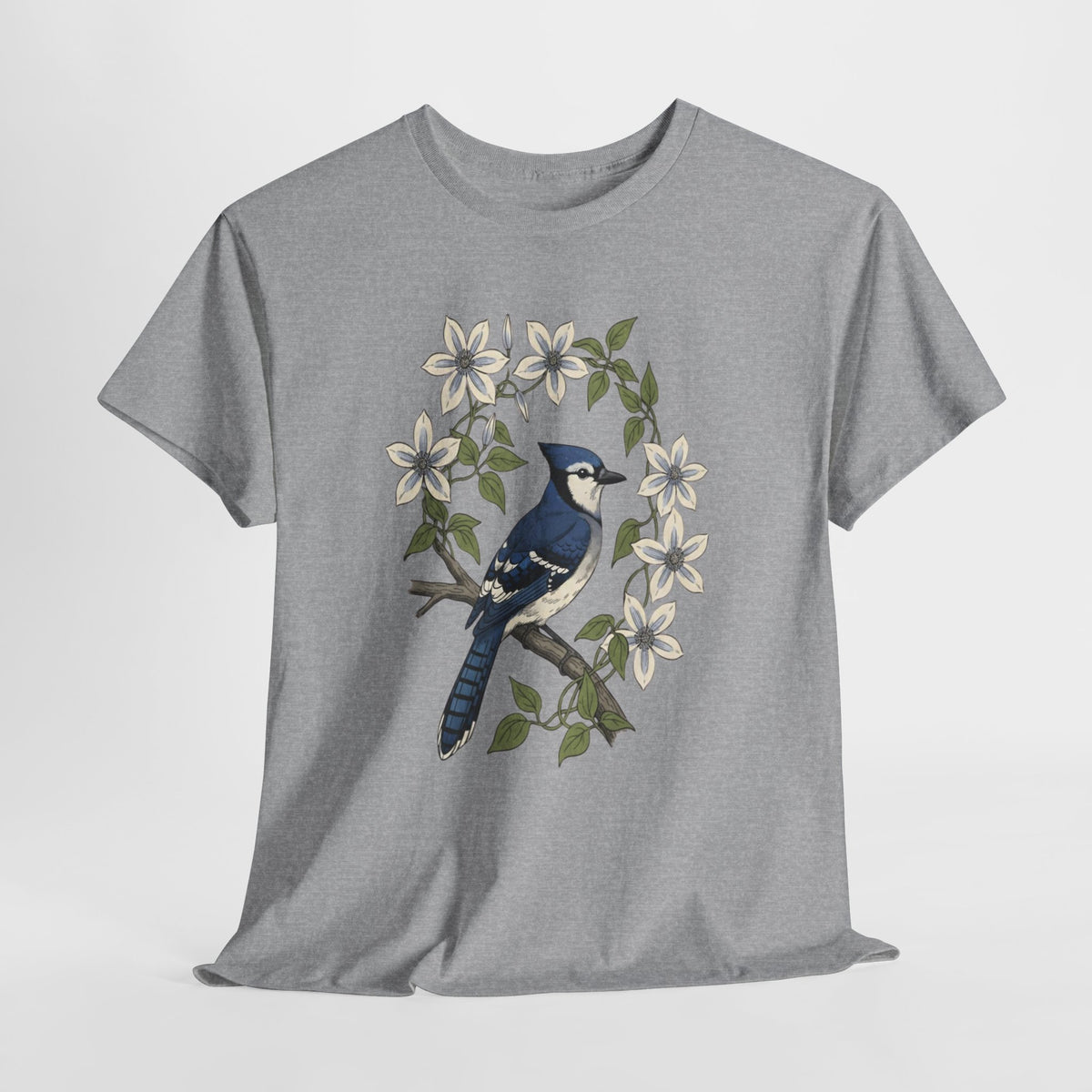 Blue jay t-shirt with a watercolor blue jay among white blossoms
