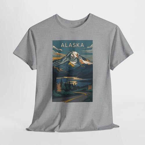 Alaska vintage mountain poster t-shirt with peaks, a lake and evergreen trees