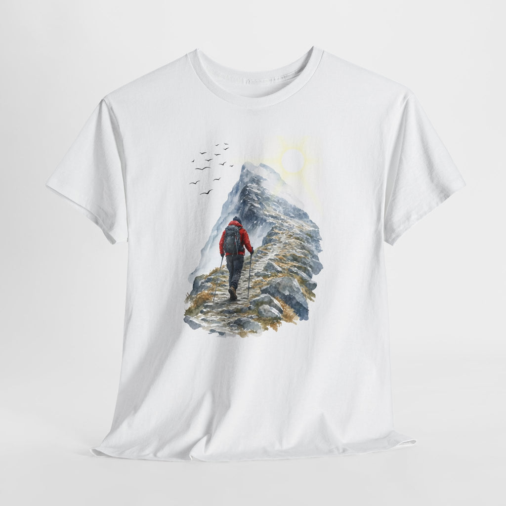Mountain t-shirt with a hiker in a red jacket climbing a rocky ridge