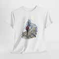 Mountain t-shirt with a hiker in a red jacket climbing a rocky ridge