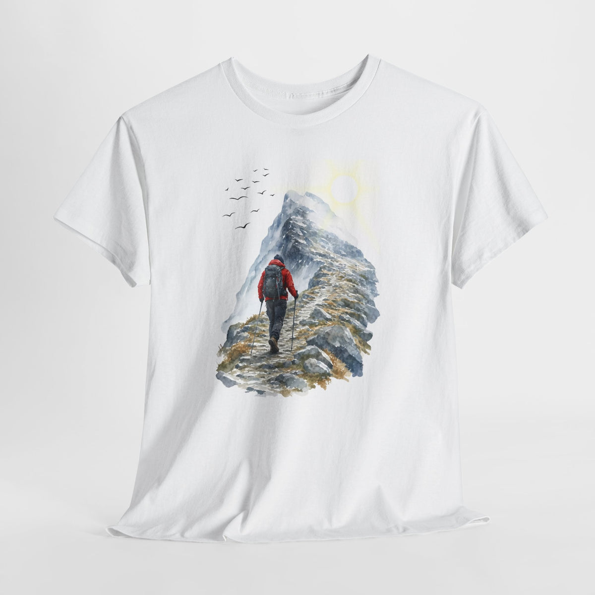 Mountain t-shirt with a hiker in a red jacket climbing a rocky ridge