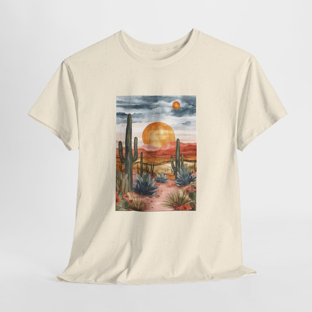 Desert sunset t-shirt with watercolor saguaro cacti and an amber sun