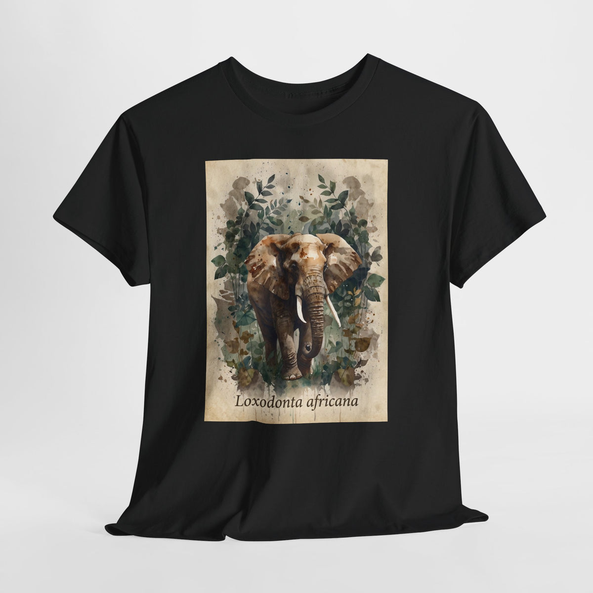 African elephant t-shirt with a watercolor elephant labelled Loxodonta africana