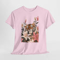 Floral tiger t-shirt with a tiger peeking through blush pink lilies