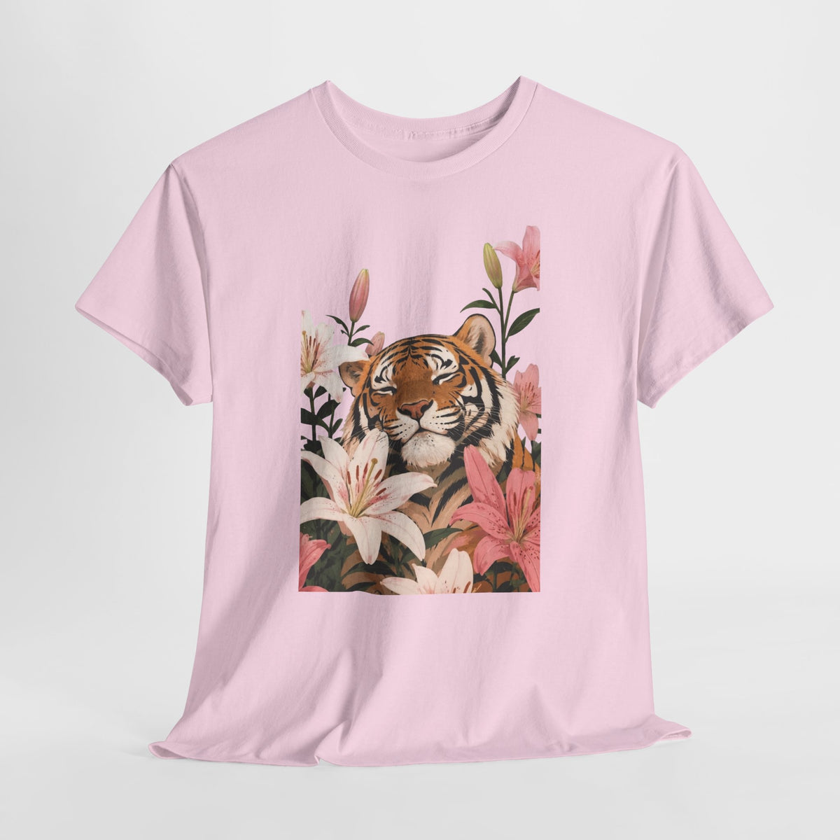 Floral tiger t-shirt with a tiger peeking through blush pink lilies