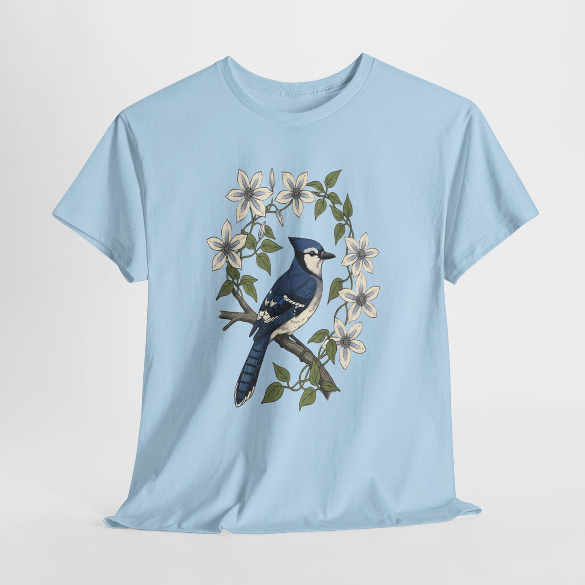 Blue jay t-shirt with a watercolor blue jay among white blossoms