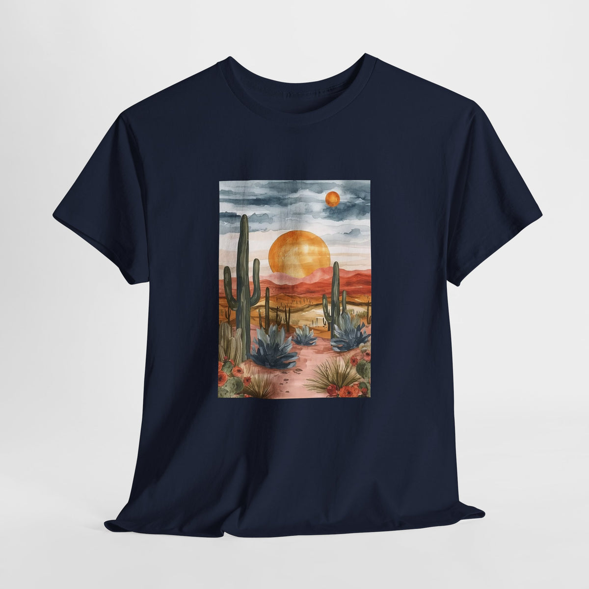 Desert sunset t-shirt with watercolor saguaro cacti and an amber sun