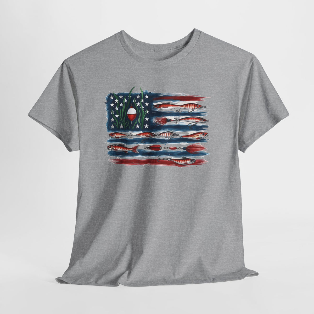 American flag fishing t-shirt with a distressed, hand-painted American flag