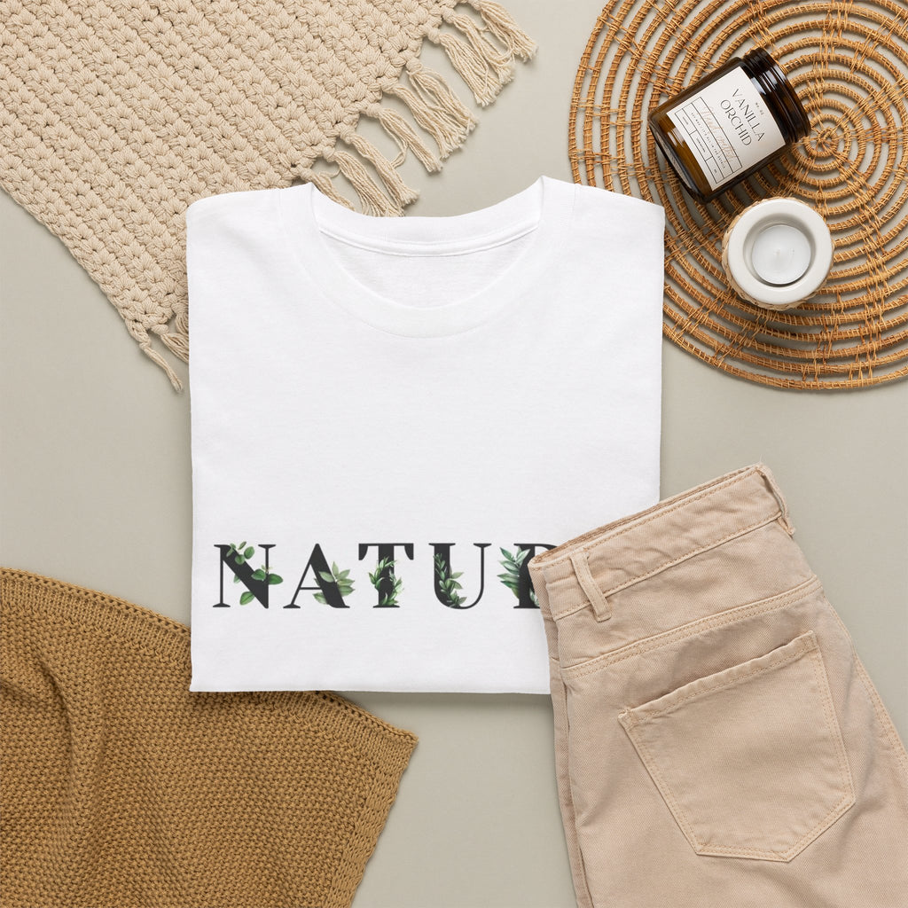 Nature t-shirt with the word NATURE filled with leaf and fern textures