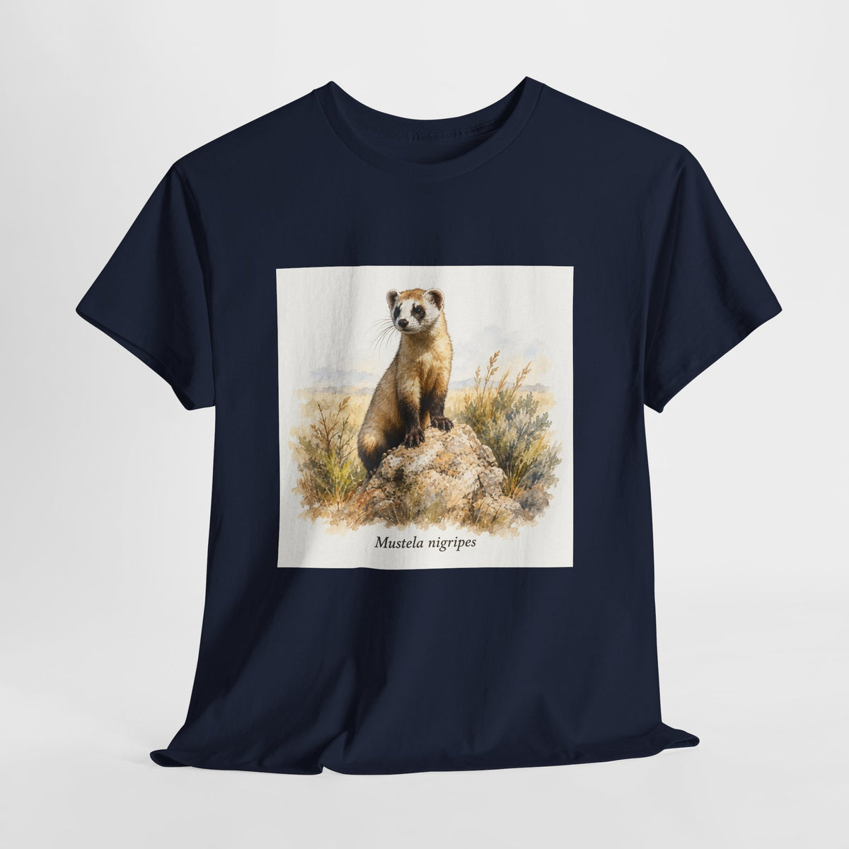 Black-footed ferret t-shirt with a ferret illustration among windswept grasses