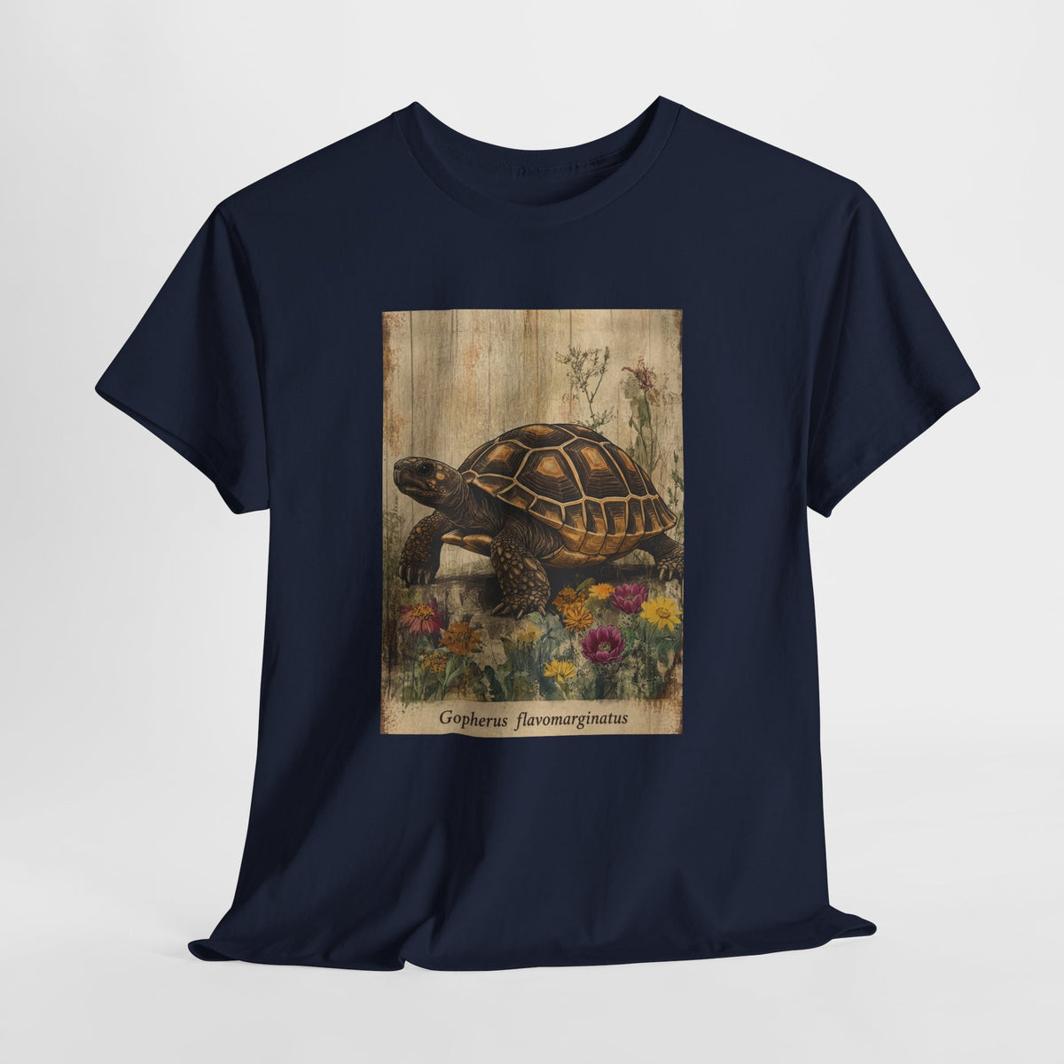 Bolson tortoise t-shirt with a vintage tortoise among wildflowers