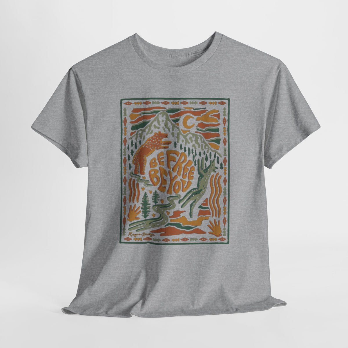 Be Free Be You t-shirt with a vintage hand-drawn mountain scene