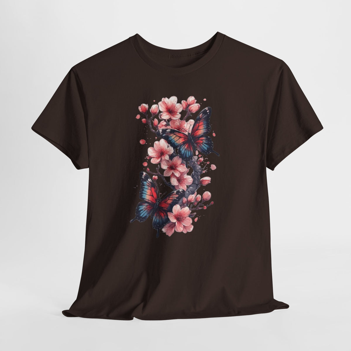 Floral t-shirt with two watercolor butterflies among pink cherry blossoms