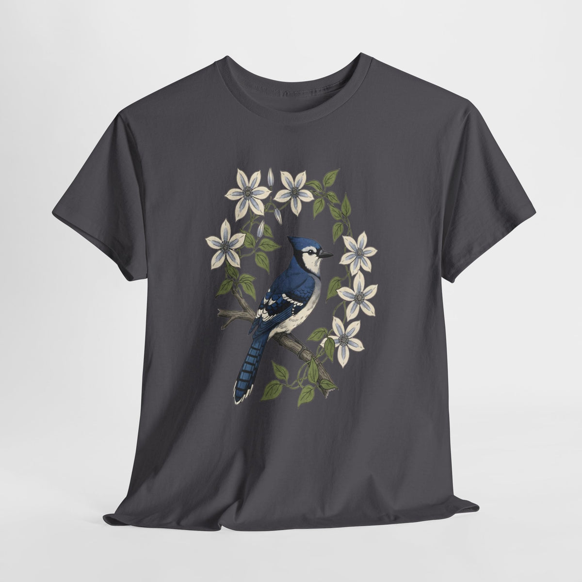 Blue jay t-shirt with a watercolor blue jay among white blossoms