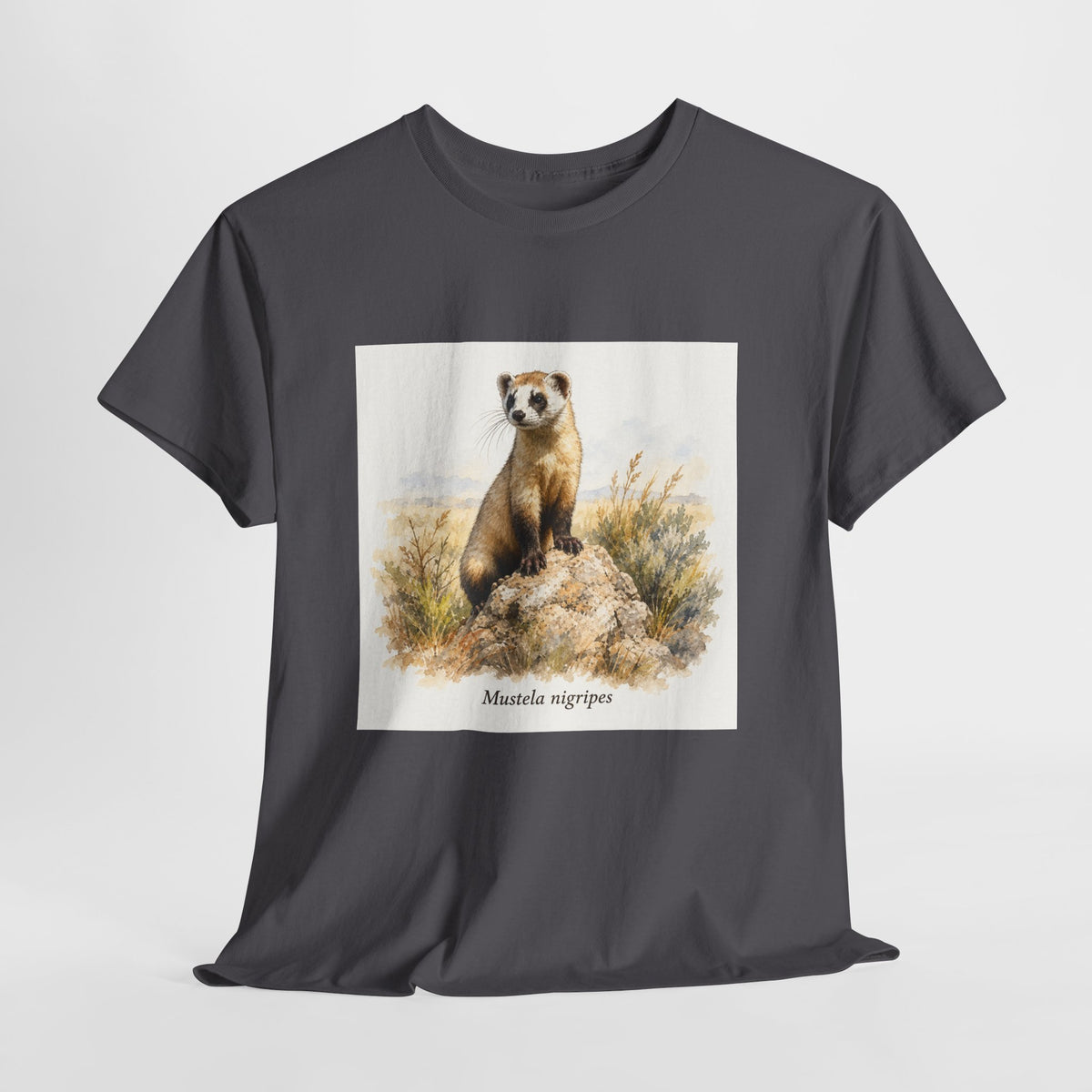 Black-footed ferret t-shirt with a ferret illustration among windswept grasses
