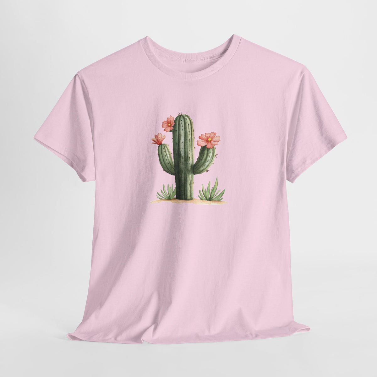 Watercolor cactus t-shirt with a flowering cactus in soft earthy colors