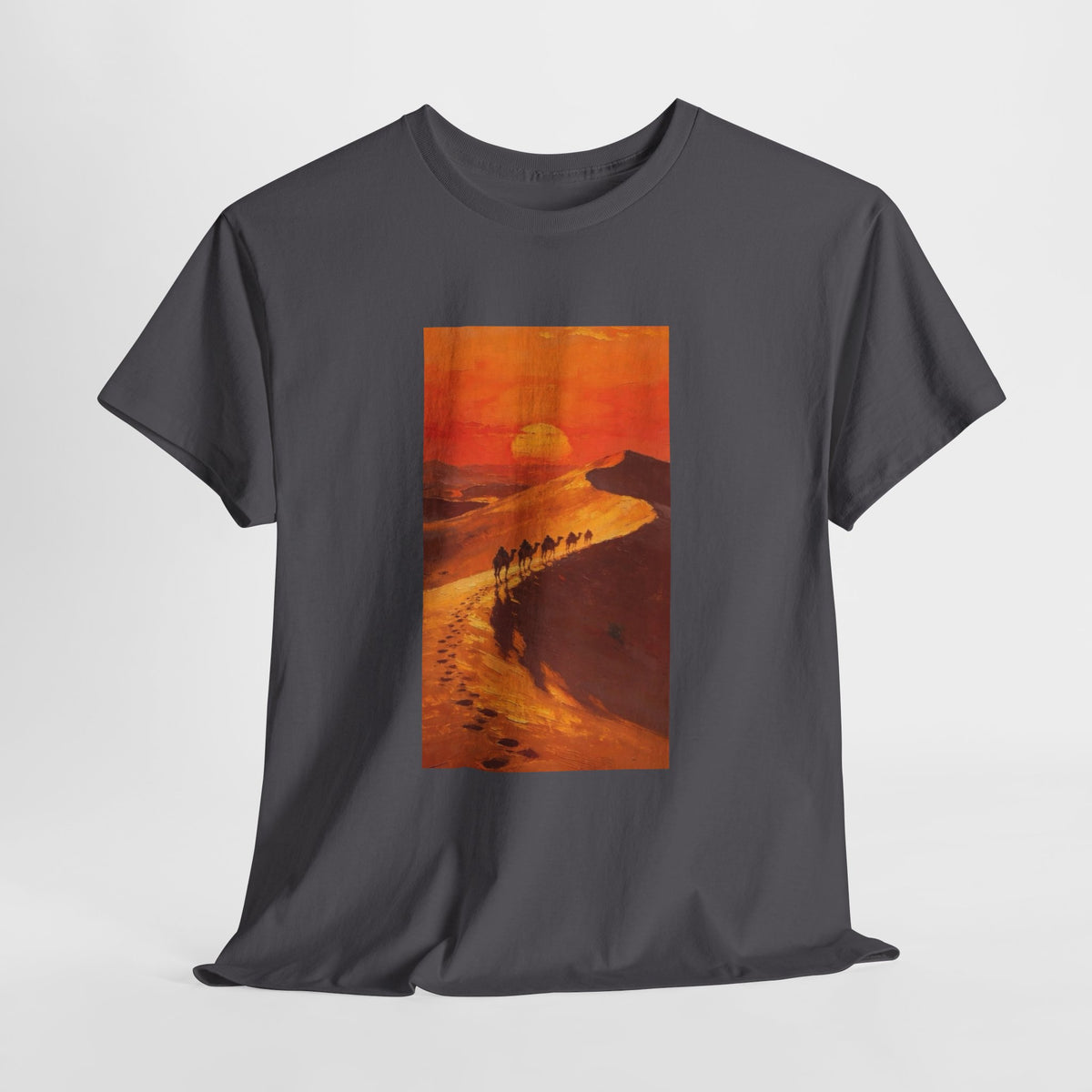 Desert sunset t-shirt with a camel caravan crossing golden sand dunes