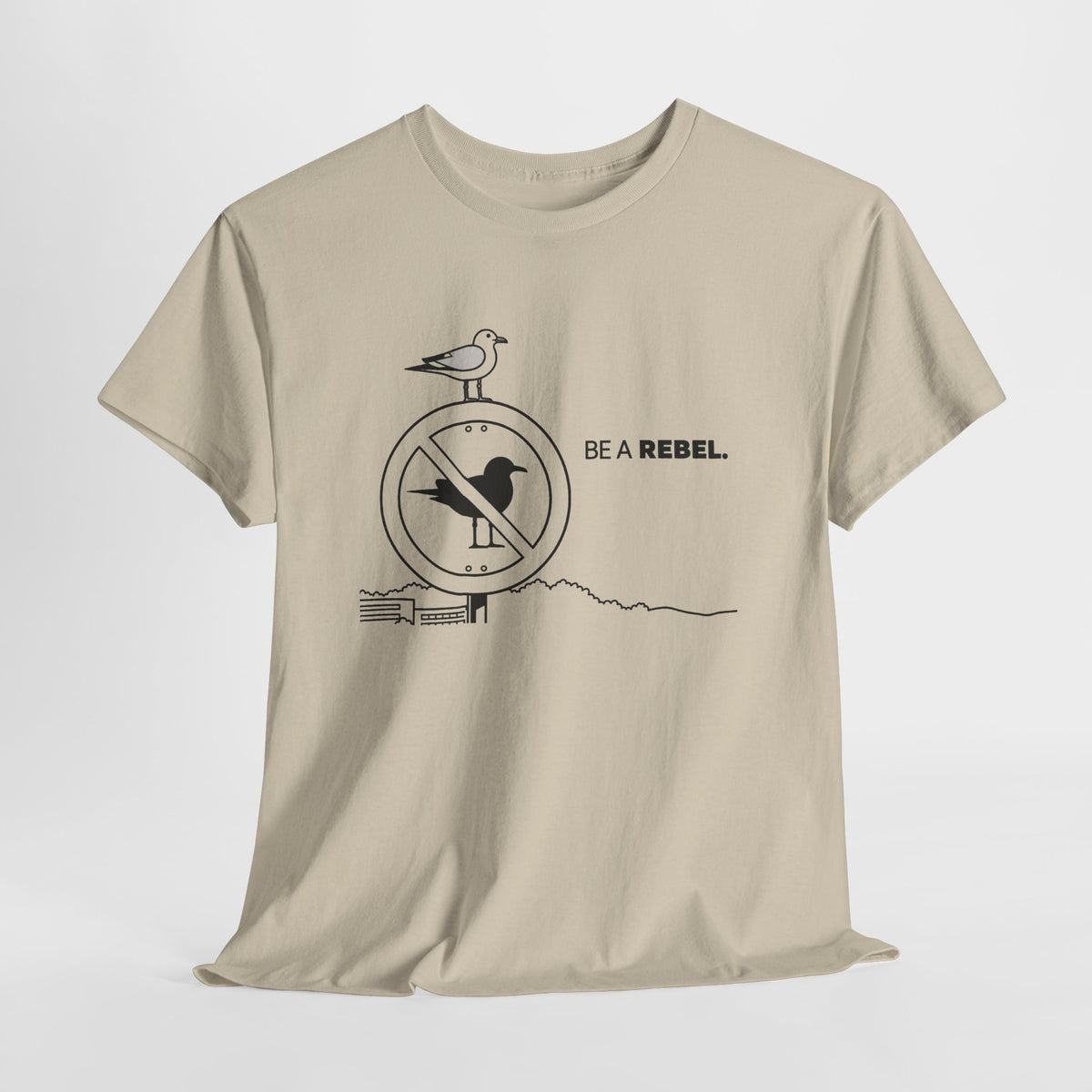 Funny seagull t-shirt with a seagull on a 'no birds' sign and 'Be a Rebel' lettering