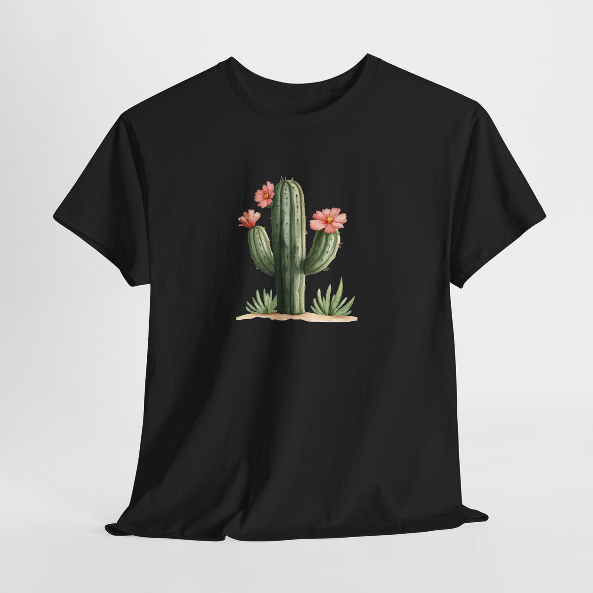 Watercolor cactus t-shirt with a flowering cactus in soft earthy colors