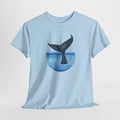 Whale tail t-shirt with a watercolor whale fluke rising from blue sea