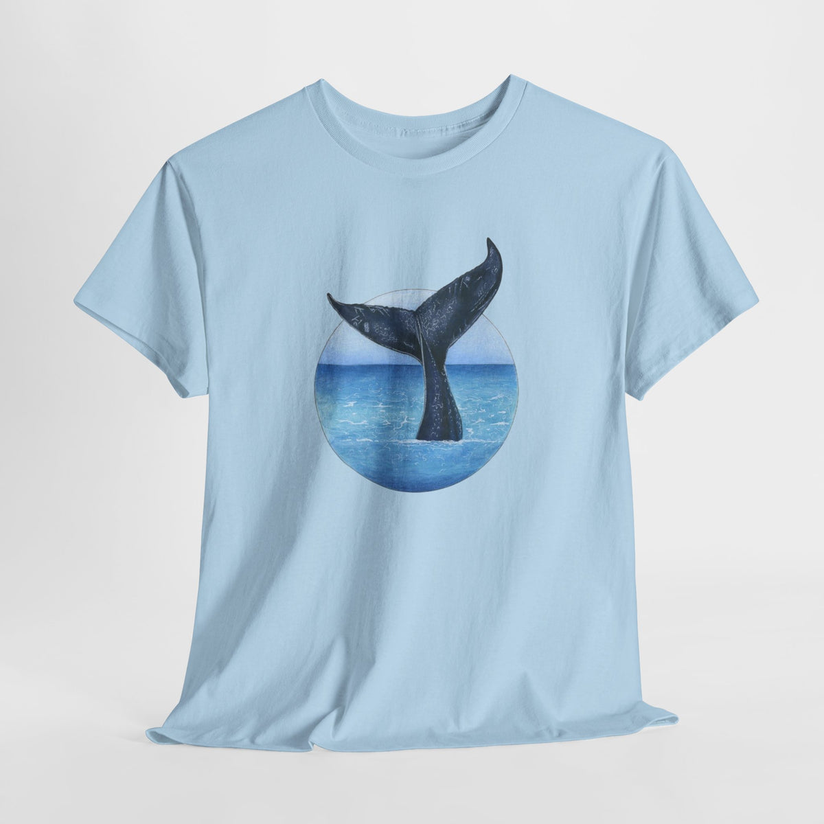 Whale tail t-shirt with a watercolor whale fluke rising from blue sea