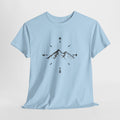 Minimalist mountain t-shirt with a hand-drawn peak and compass points