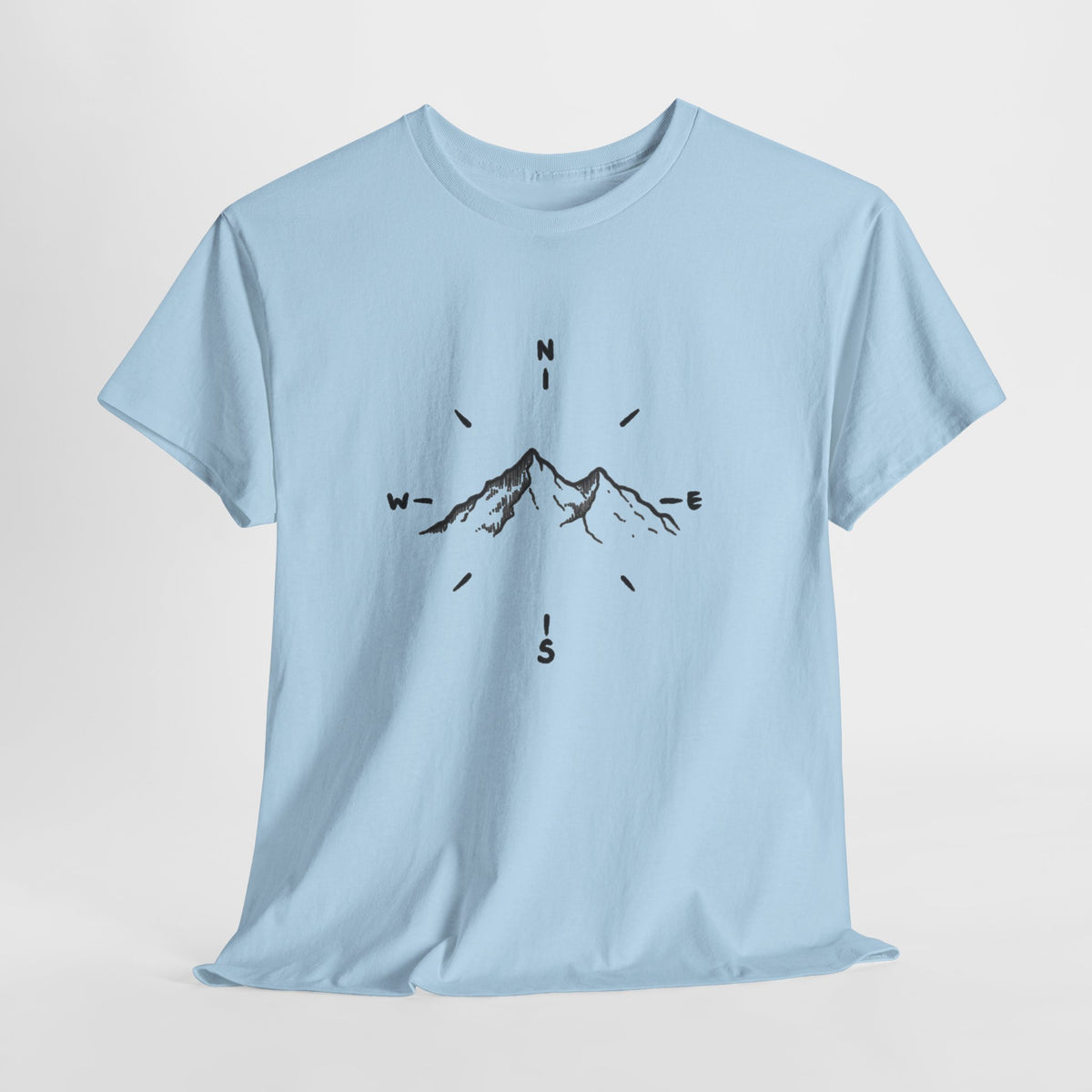 Minimalist mountain t-shirt with a hand-drawn peak and compass points