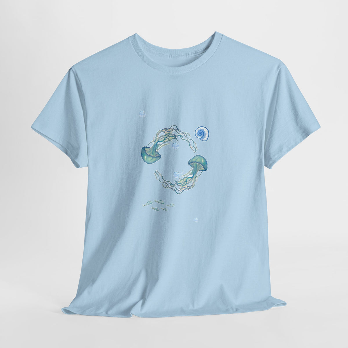 Jellyfish t-shirt with two watercolor jellyfish and bubbles in pale blue