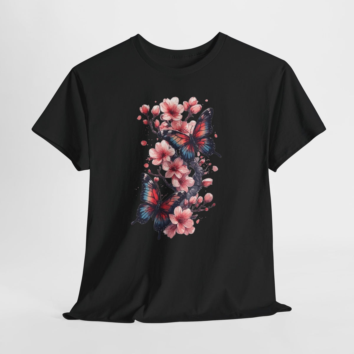 Floral t-shirt with two watercolor butterflies among pink cherry blossoms