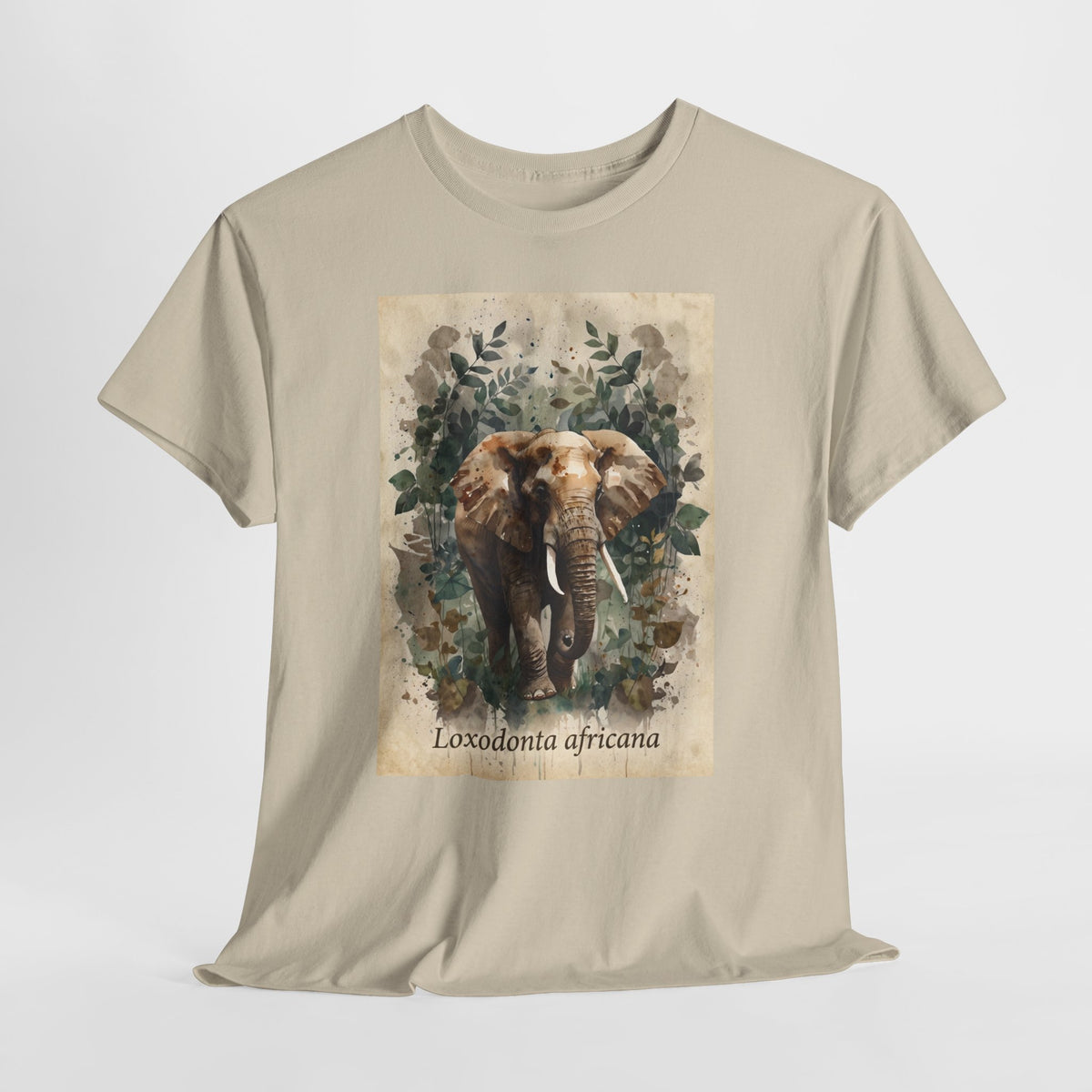 African elephant t-shirt with a watercolor elephant labelled Loxodonta africana