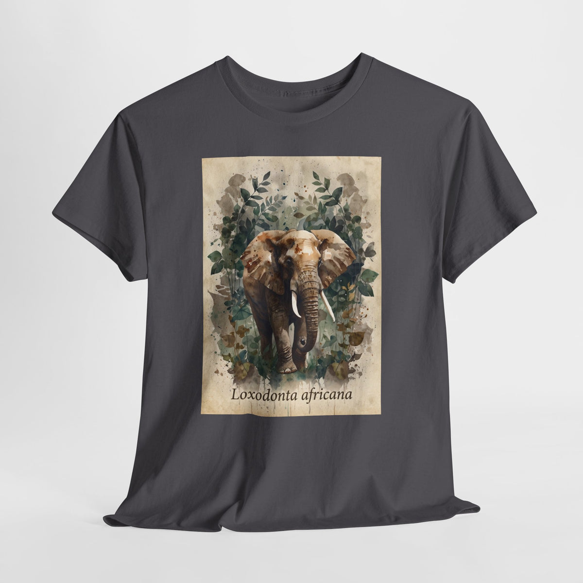 African elephant t-shirt with a watercolor elephant labelled Loxodonta africana