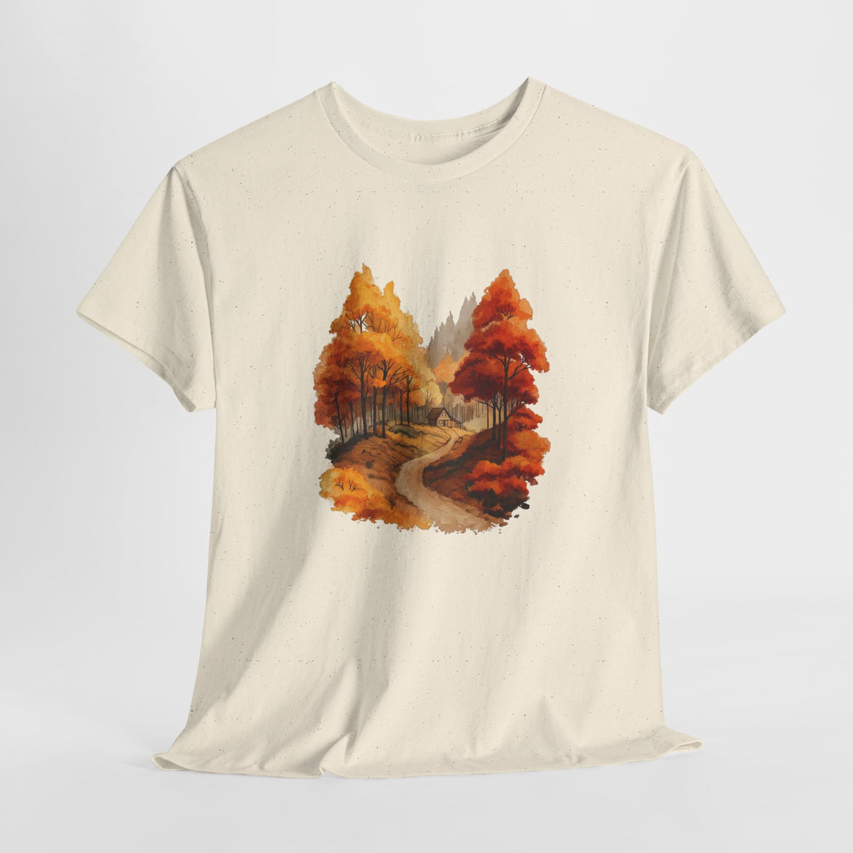 Autumn forest t-shirt with a watercolor winding path through amber trees