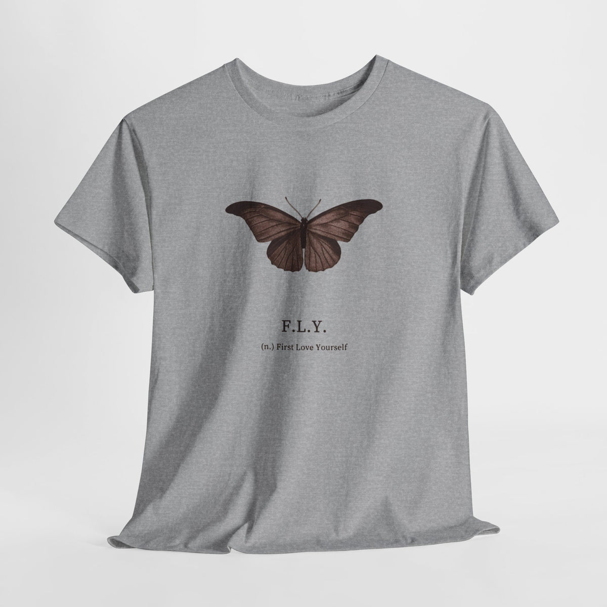 Butterfly t-shirt with a brown butterfly above the text F.L.Y.