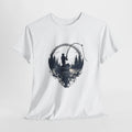 Fishing t-shirt with a vintage sketch of an angler casting on a pine-ringed lake