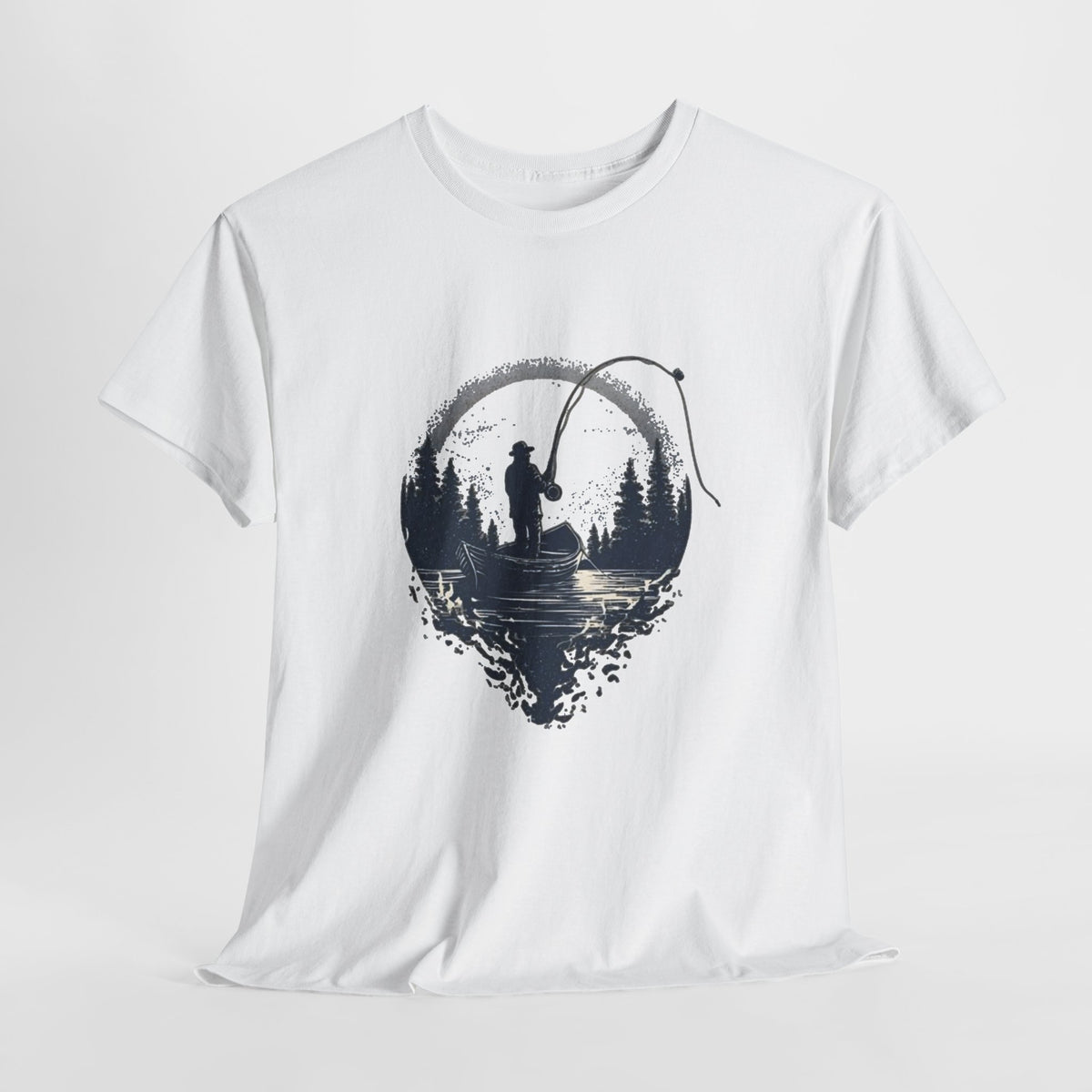 Fishing t-shirt with a vintage sketch of an angler casting on a pine-ringed lake