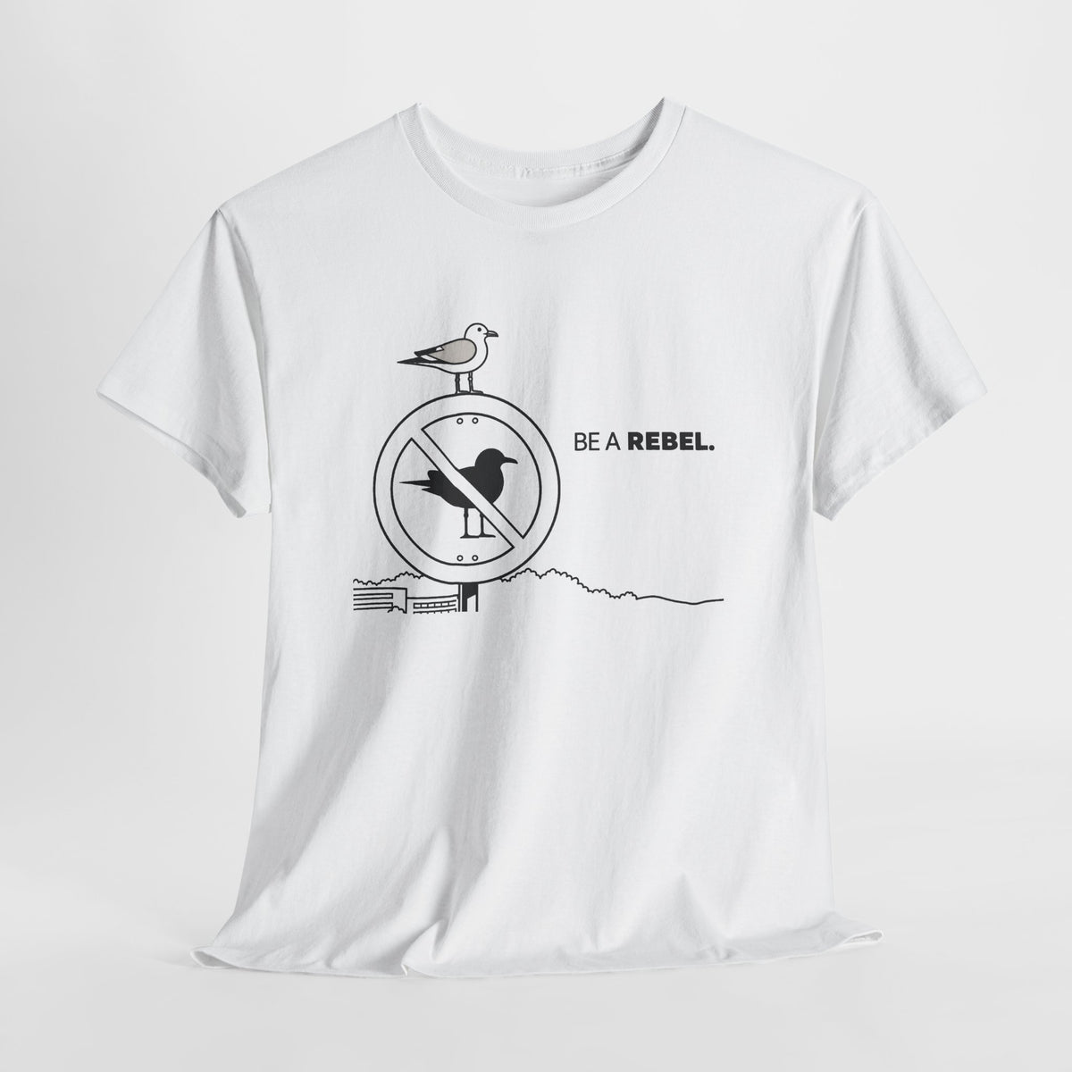 Funny seagull t-shirt with a seagull on a 'no birds' sign and 'Be a Rebel' lettering