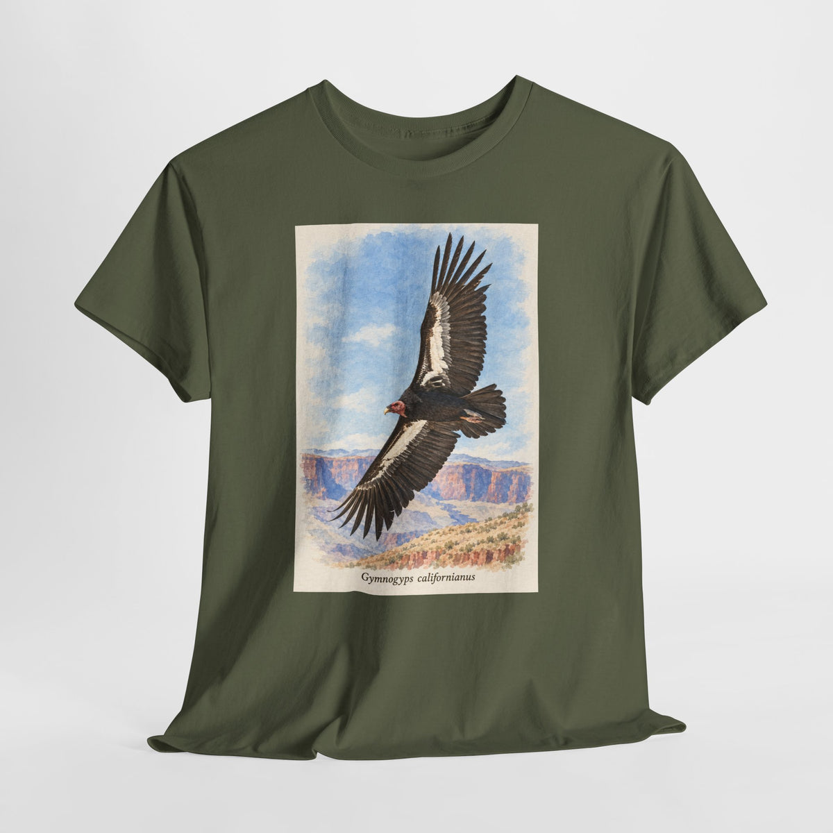 California condor t-shirt with a vintage condor soaring over a canyon