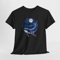 Whale t-shirt with a whale swimming under a full moon in a blue circle