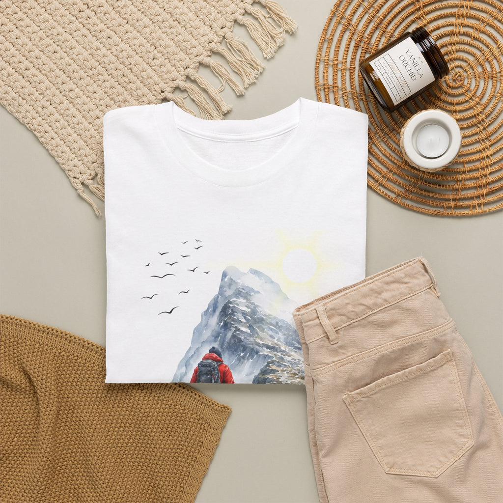 Mountain t-shirt with a hiker in a red jacket climbing a rocky ridge