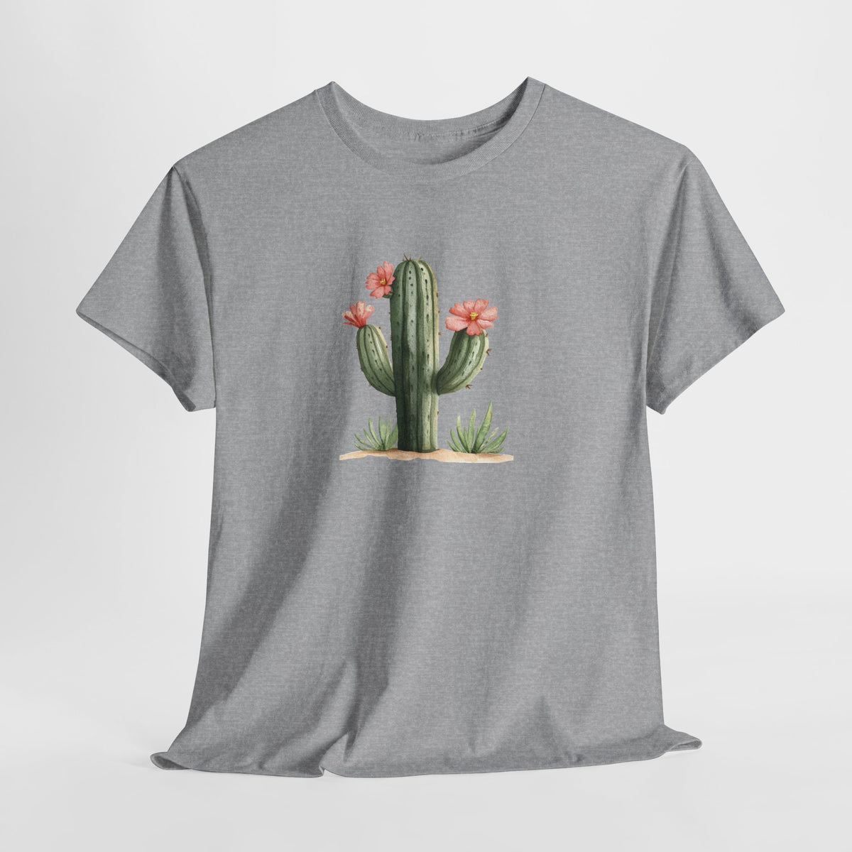 Watercolor cactus t-shirt with a flowering cactus in soft earthy colors