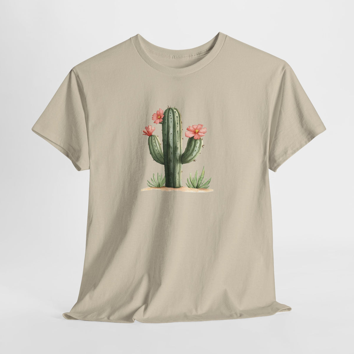 Watercolor cactus t-shirt with a flowering cactus in soft earthy colors