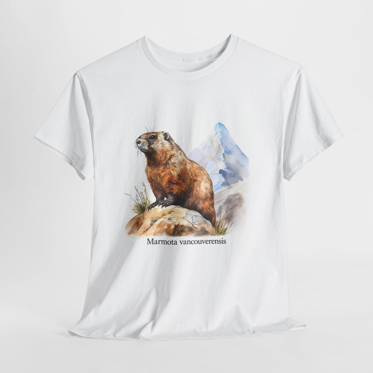 Vancouver Island marmot t-shirt with a watercolor marmot on a rock below an alpine peak