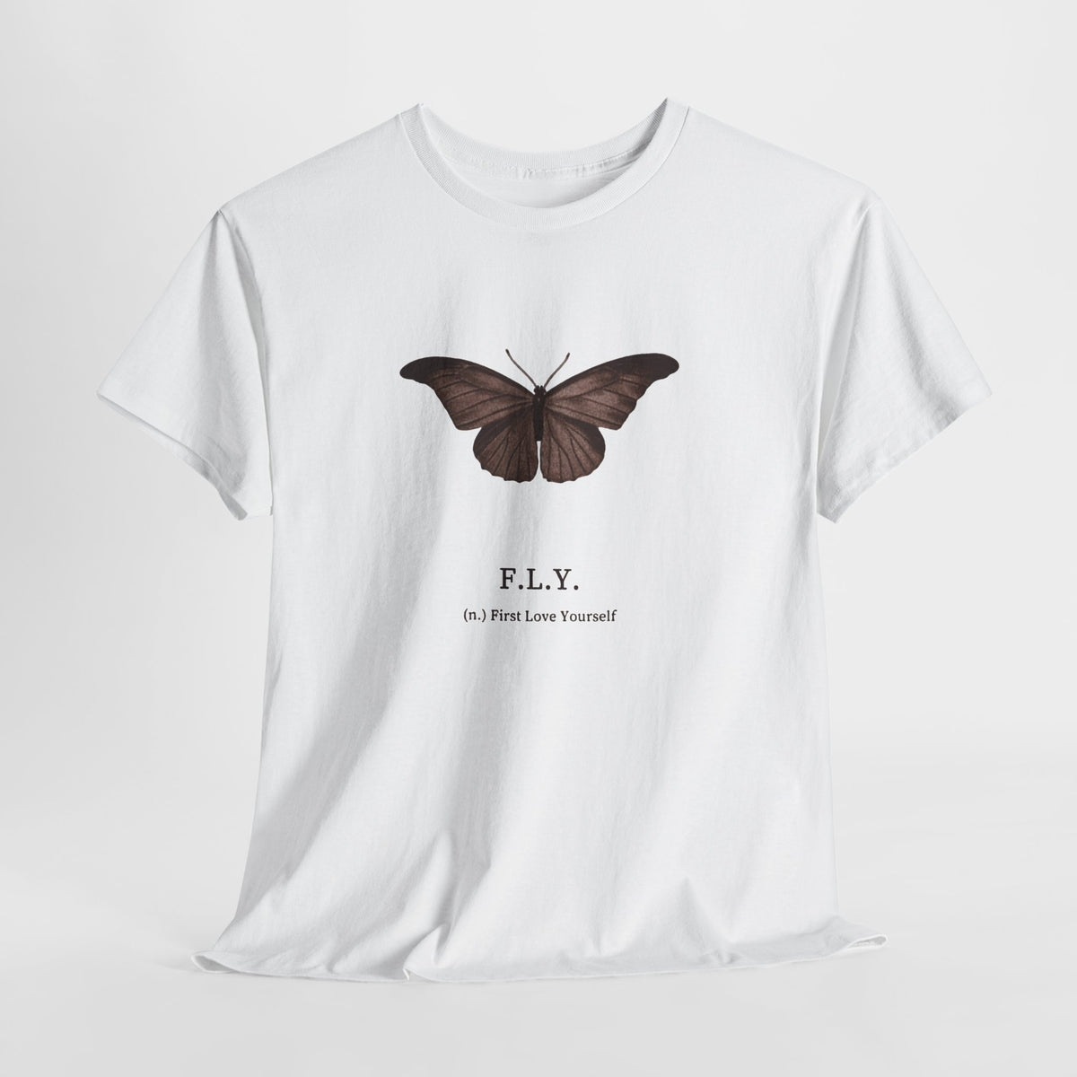 Butterfly t-shirt with a brown butterfly above the text F.L.Y.