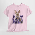 Floral bunny t-shirt with a rabbit sitting among lavender sprigs