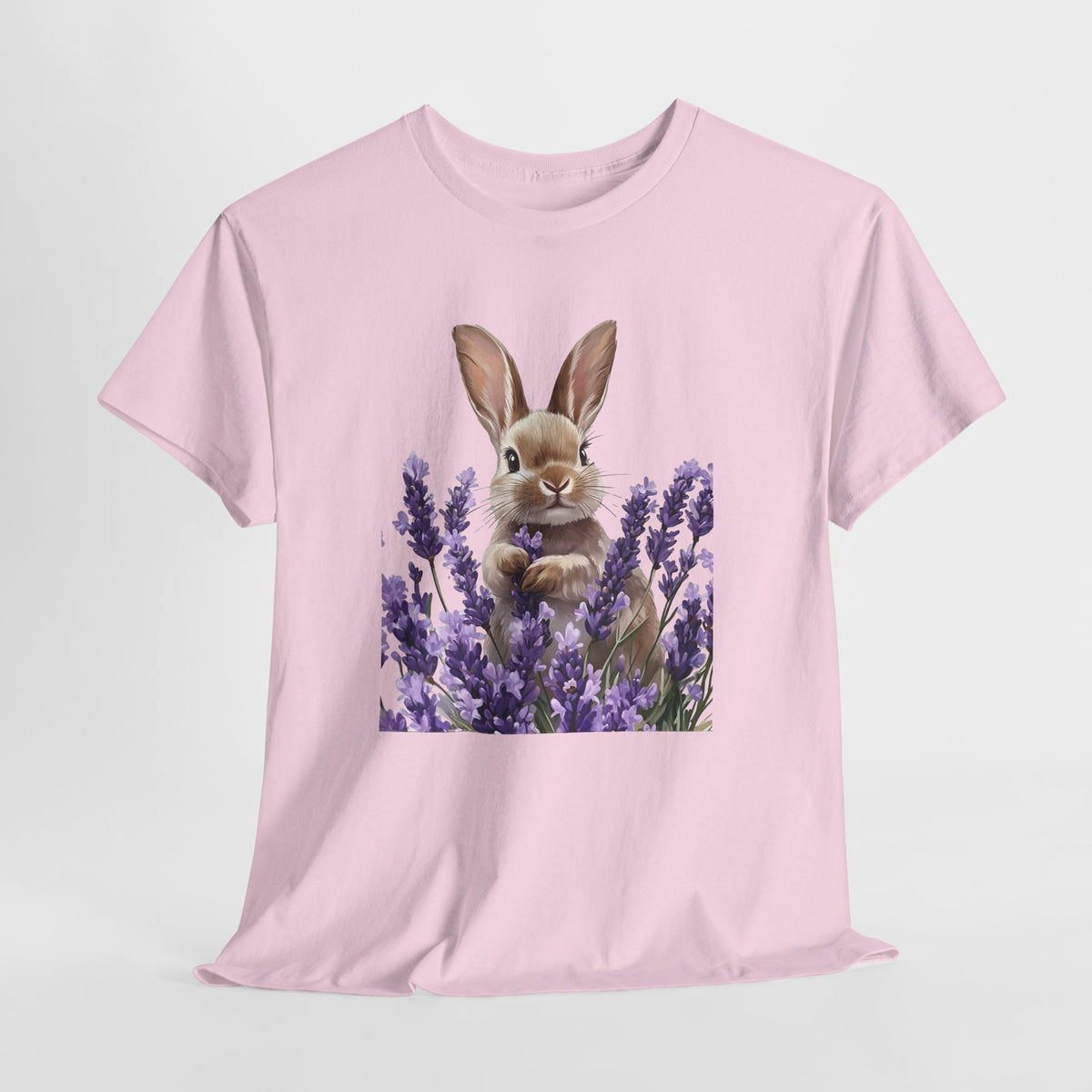 Floral bunny t-shirt with a rabbit sitting among lavender sprigs