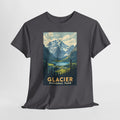 Glacier National Park vintage poster t-shirt with peaks, alpine lakes and evergreens