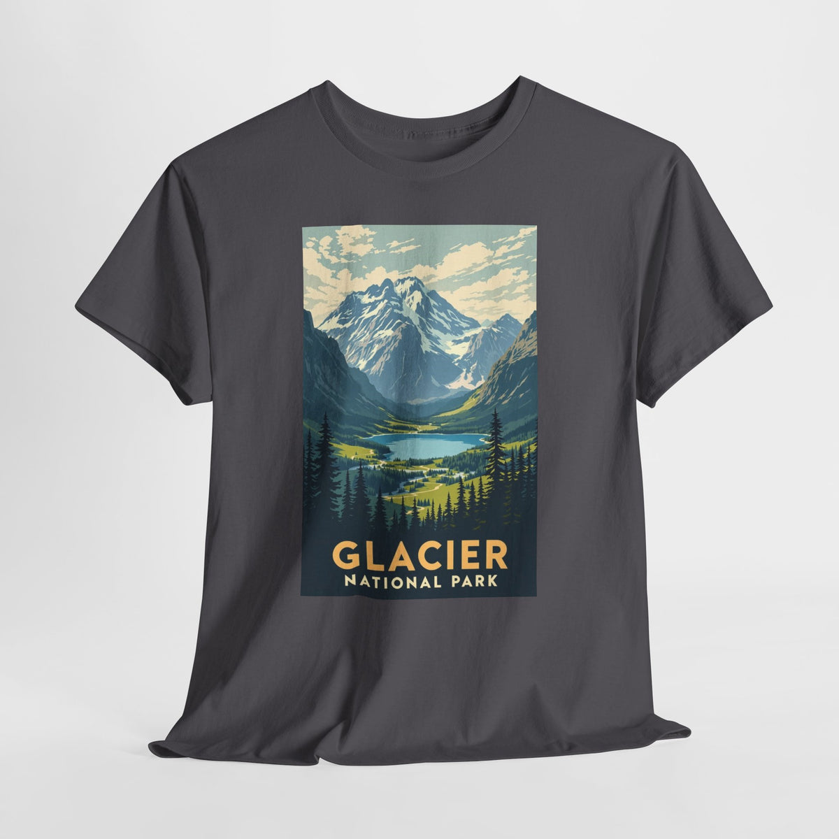 Glacier National Park vintage poster t-shirt with peaks, alpine lakes and evergreens
