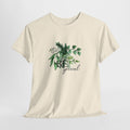 Botanical t-shirt with a short uplifting message among watercolor green leaves