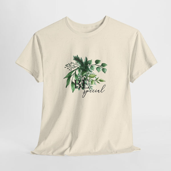 Botanical t-shirt with a short uplifting message among watercolor green leaves
